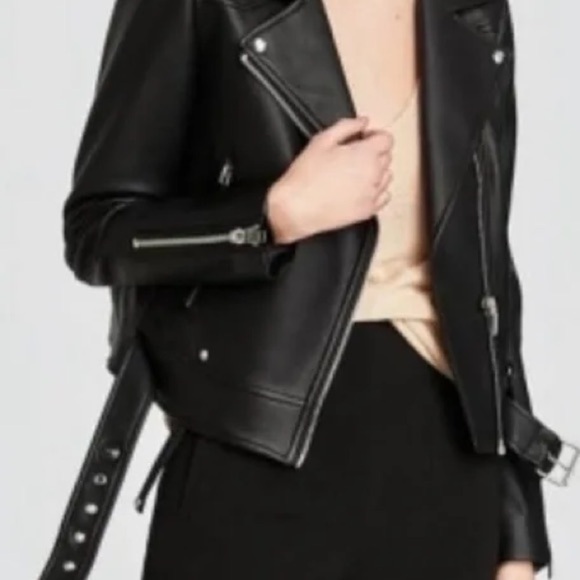 NWT ZARA Black Vegan Leather Moto/BikerJacket Belted Silver Zipper Accents XS - Picture 2 of 8